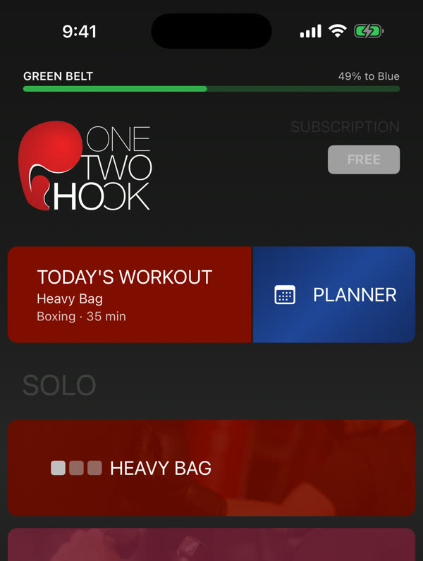 Home screen with the belt bar and Today's Workout