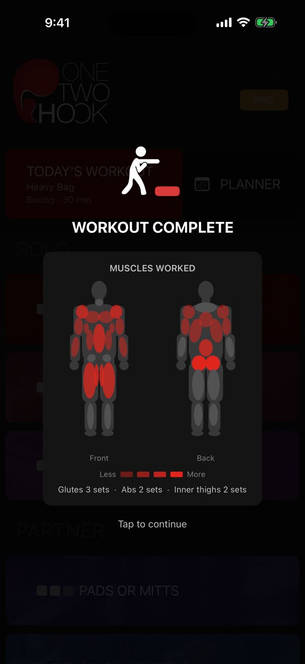 Workout complete screen with a front and back body map of the muscles worked
