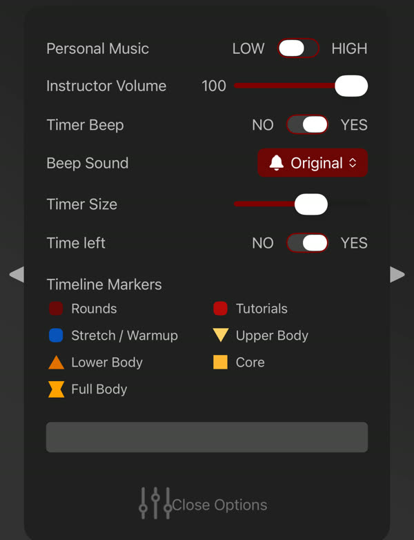 Workout options panel with beep sound choice and timeline markers