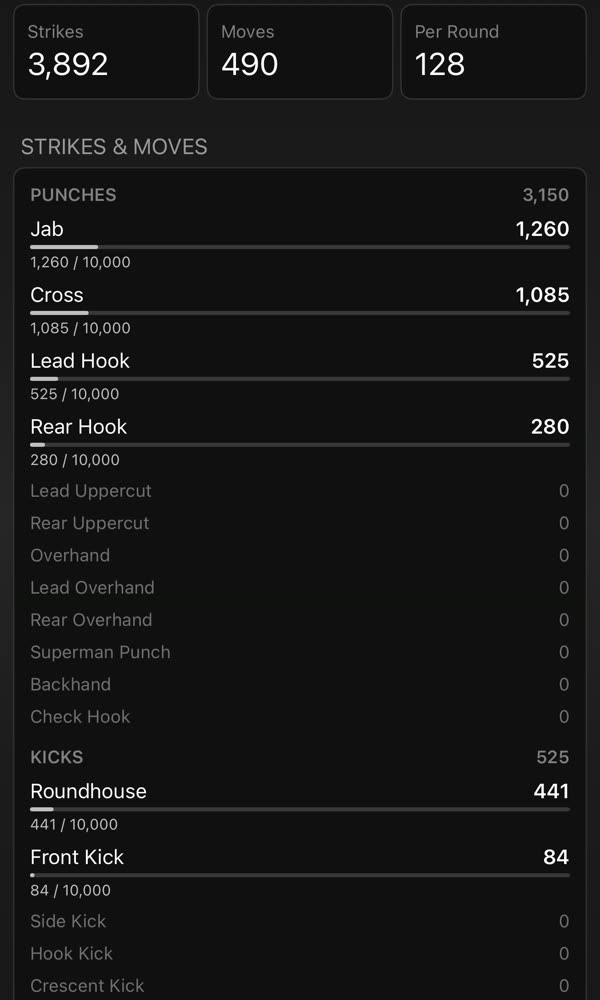 Strikes and moves list: jab, cross, hooks, roundhouse with progress to 10,000