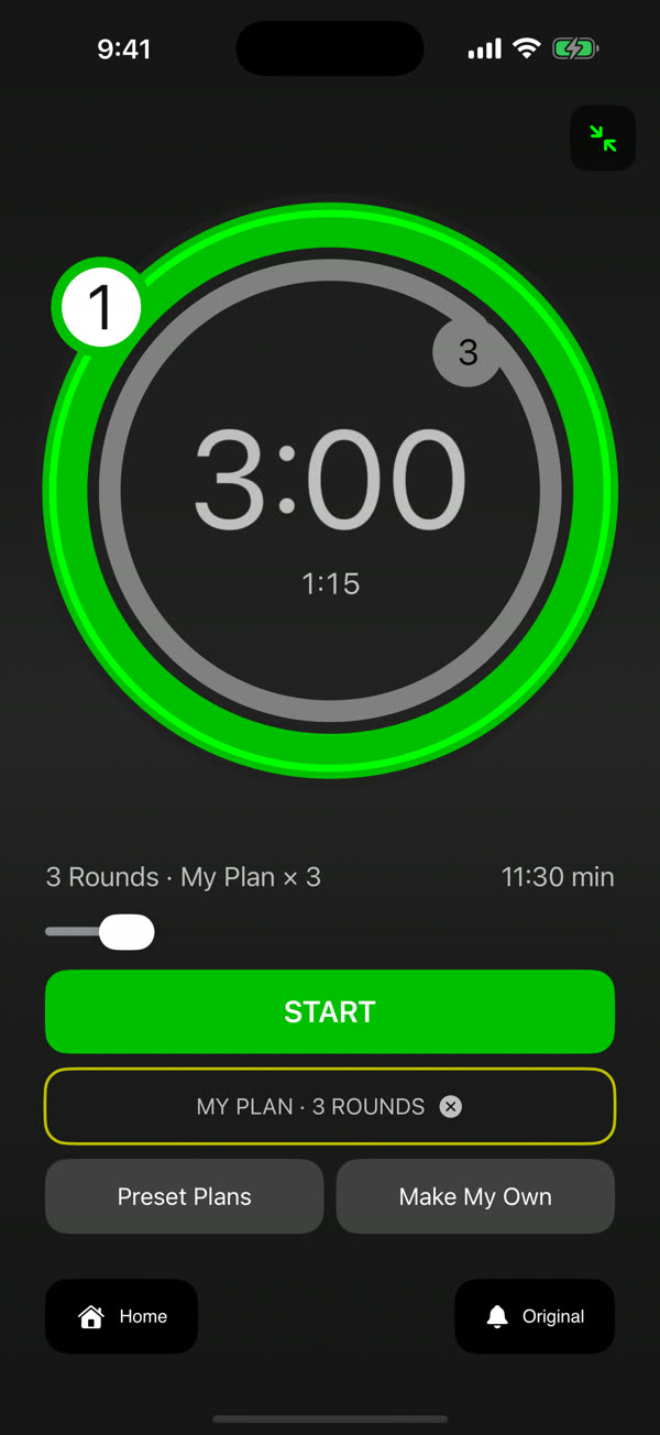 Boxing round timer with a custom plan, preset plans and sound choice